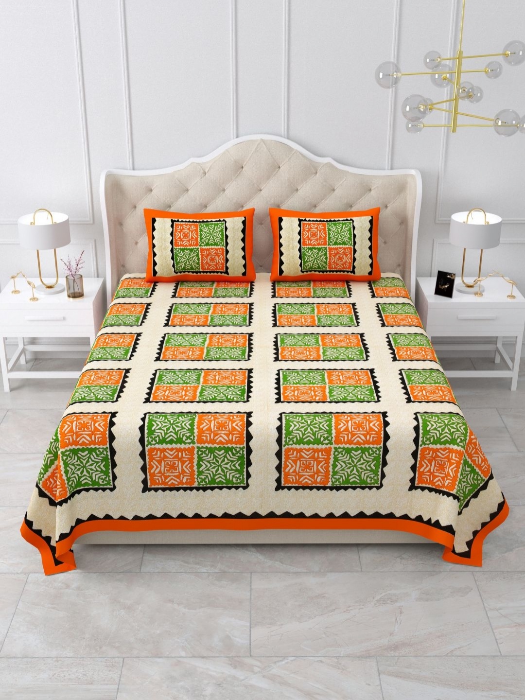 

DOLLIFI Orange & Beige Printed Cotton 260 TC King Bedsheet With 2 Pillow Covers