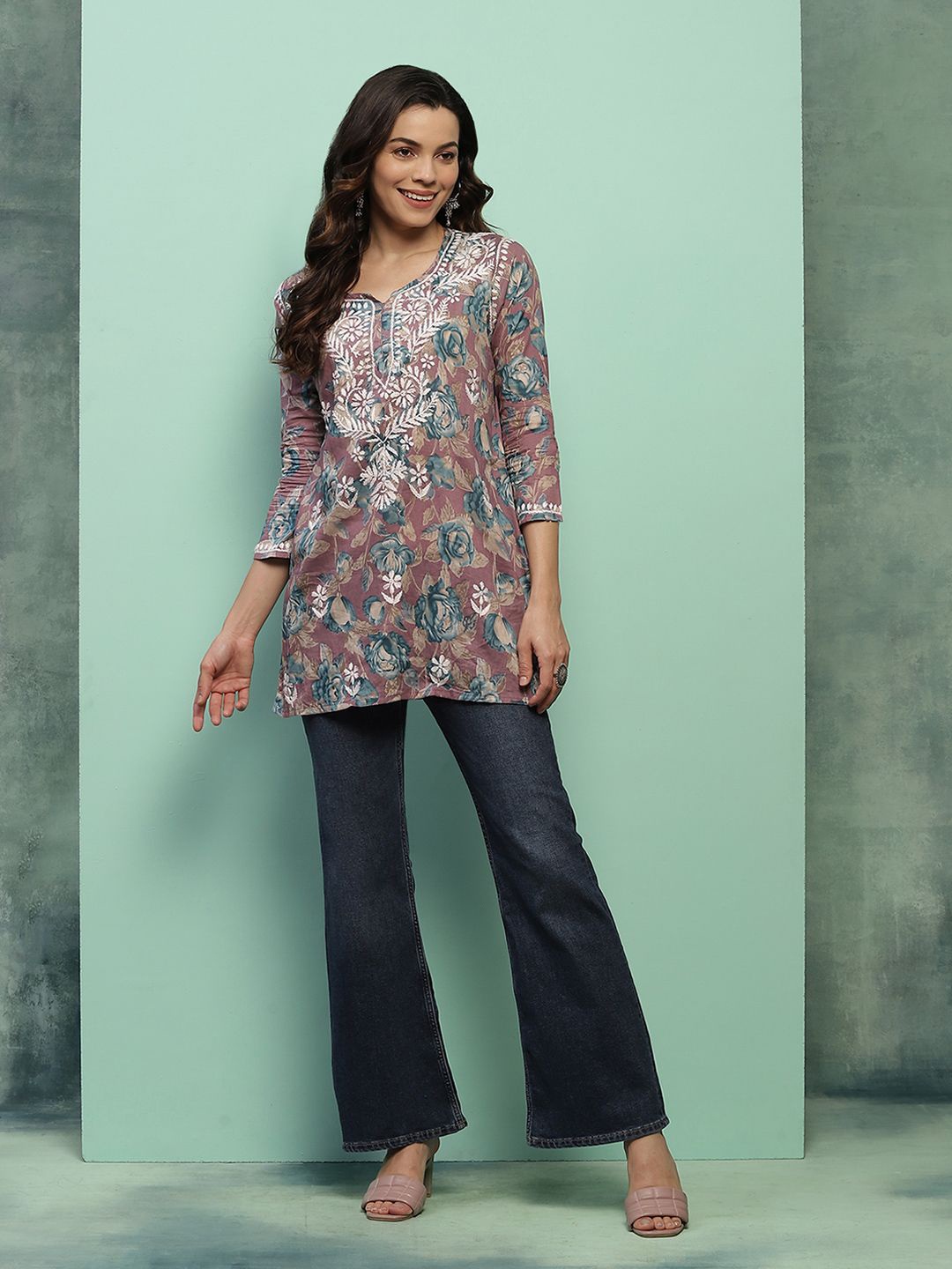 

House of Chikankari Chikankari Printed Short Kurta, Purple