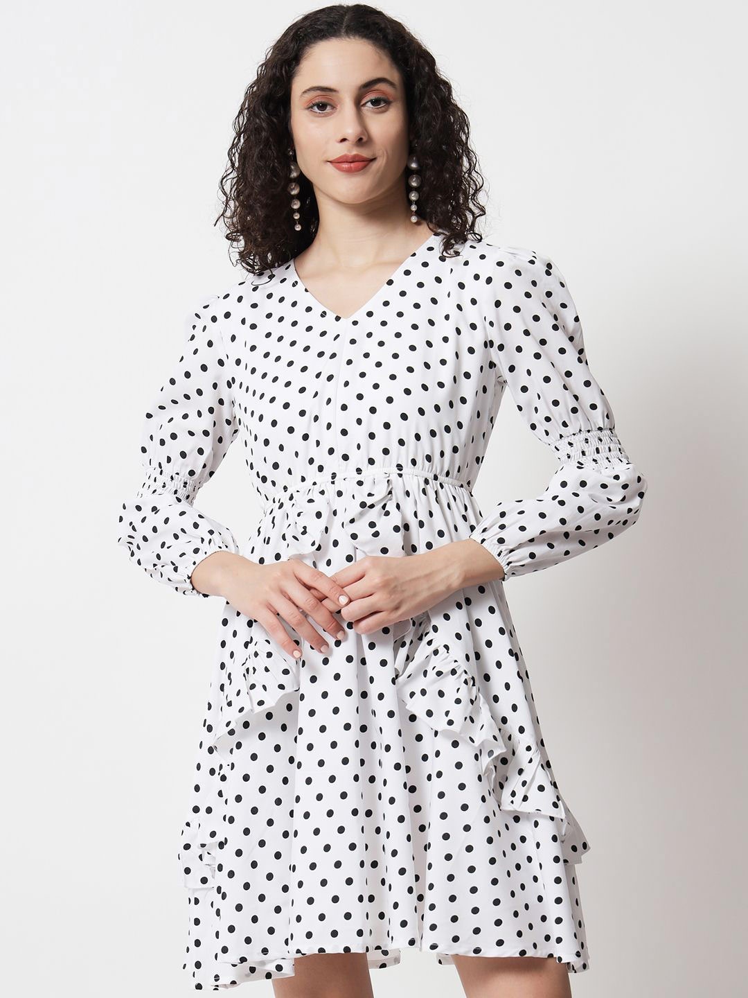 

Yaadleen Polka Dot Printed Puff Sleeve Ruffled Crepe Fit & Flare Dress, White