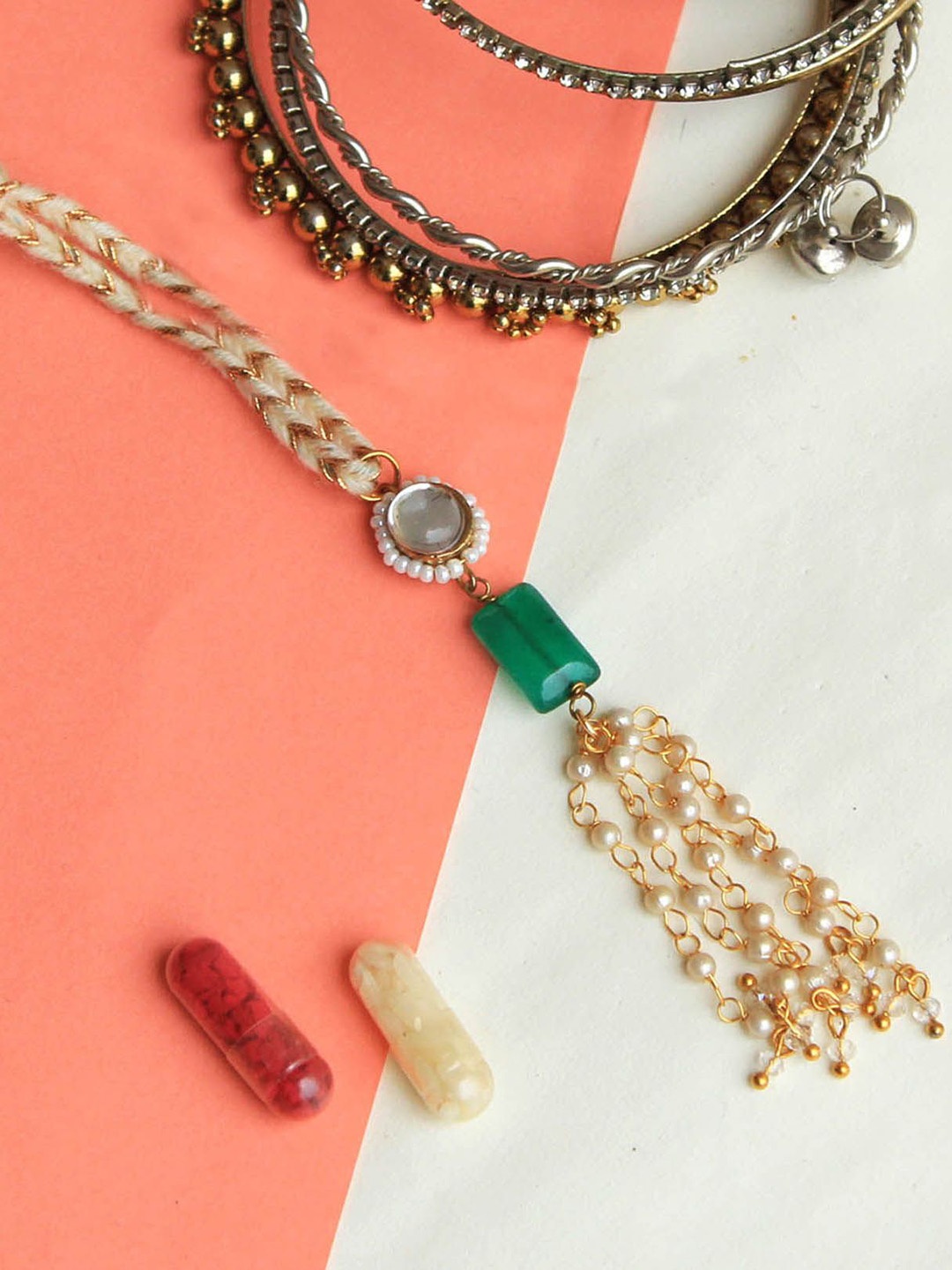 

BeAbhika Kundan Amaze Bhaiya Bhabhi Lumba Rakhi With Roli Chawal Capsules, Green