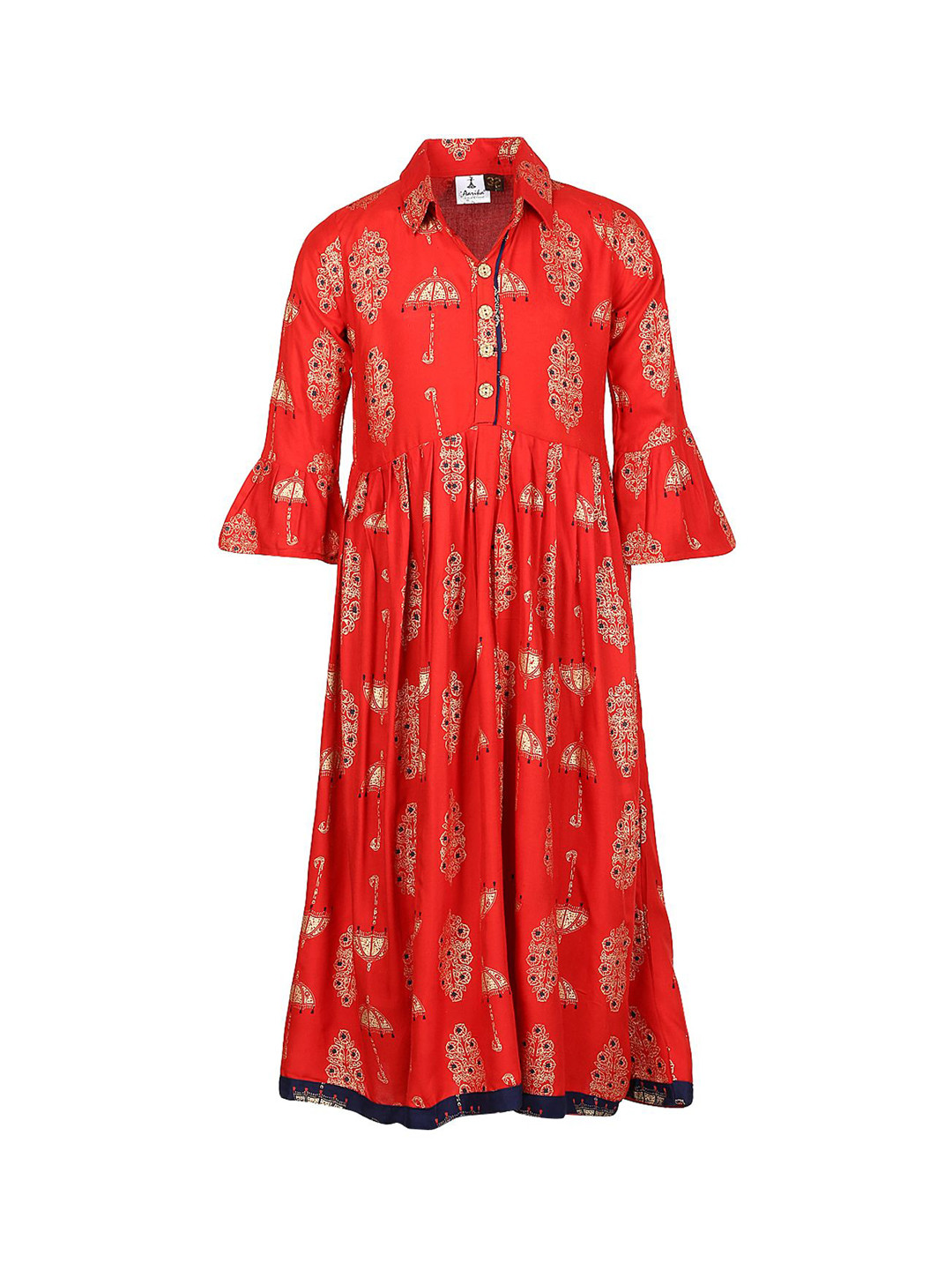 

BAESD Girls Ethnic Motifs Printed Shirt Collar Bell Sleeves Cotton Anarkali Kurta, Red