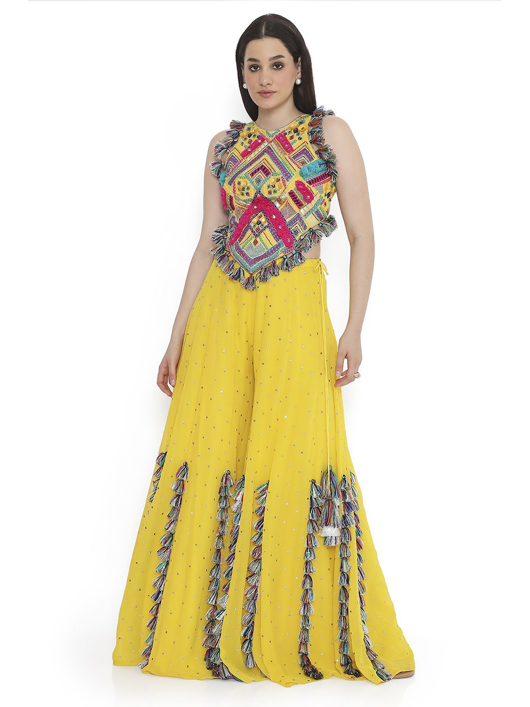 

Payal Singhal Embroidered Sleeveless Top & Flared Saharara Co-Ords, Yellow