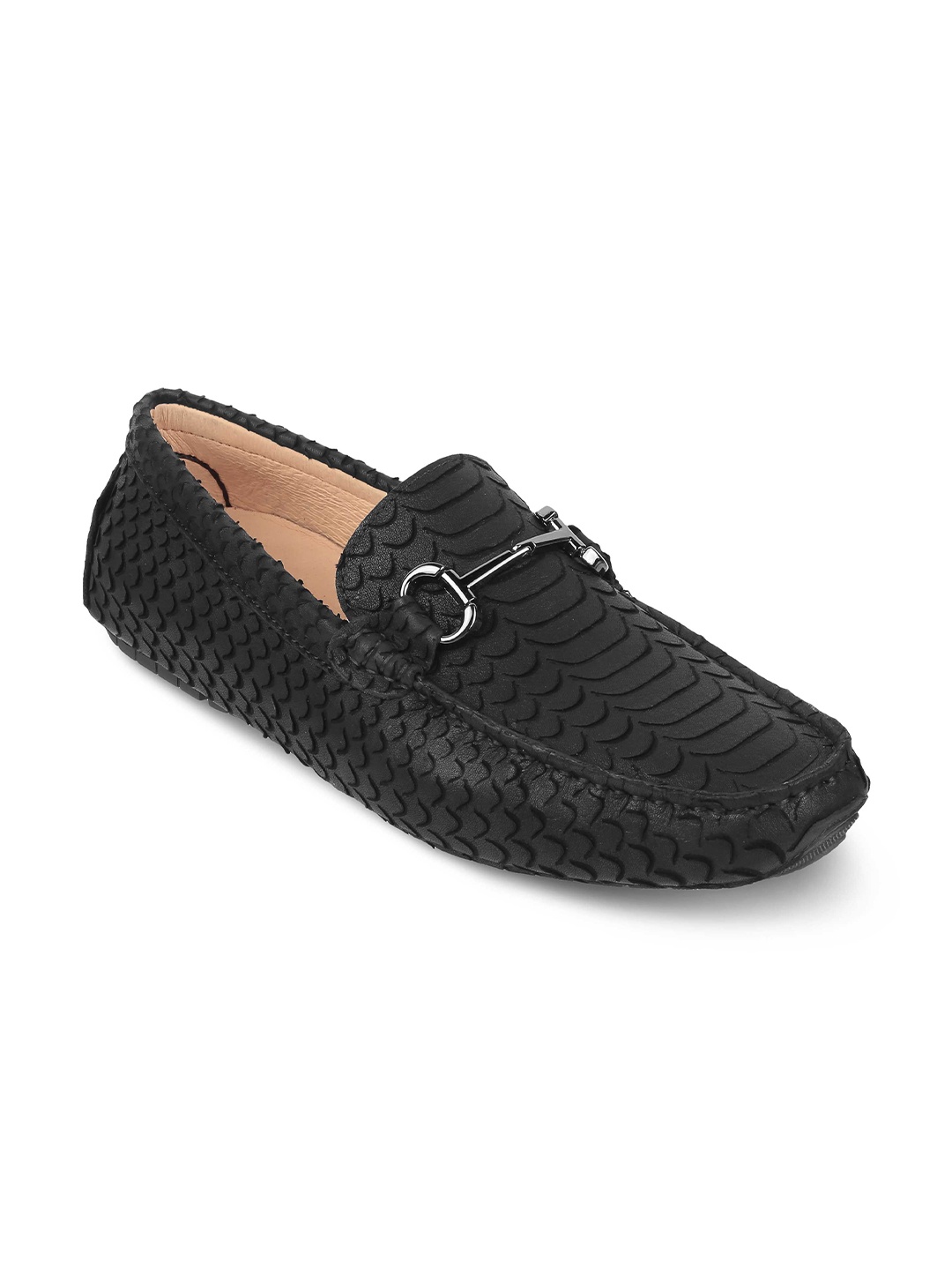 

Tresmode Men Textured Leather Slip-On Loafers, Black
