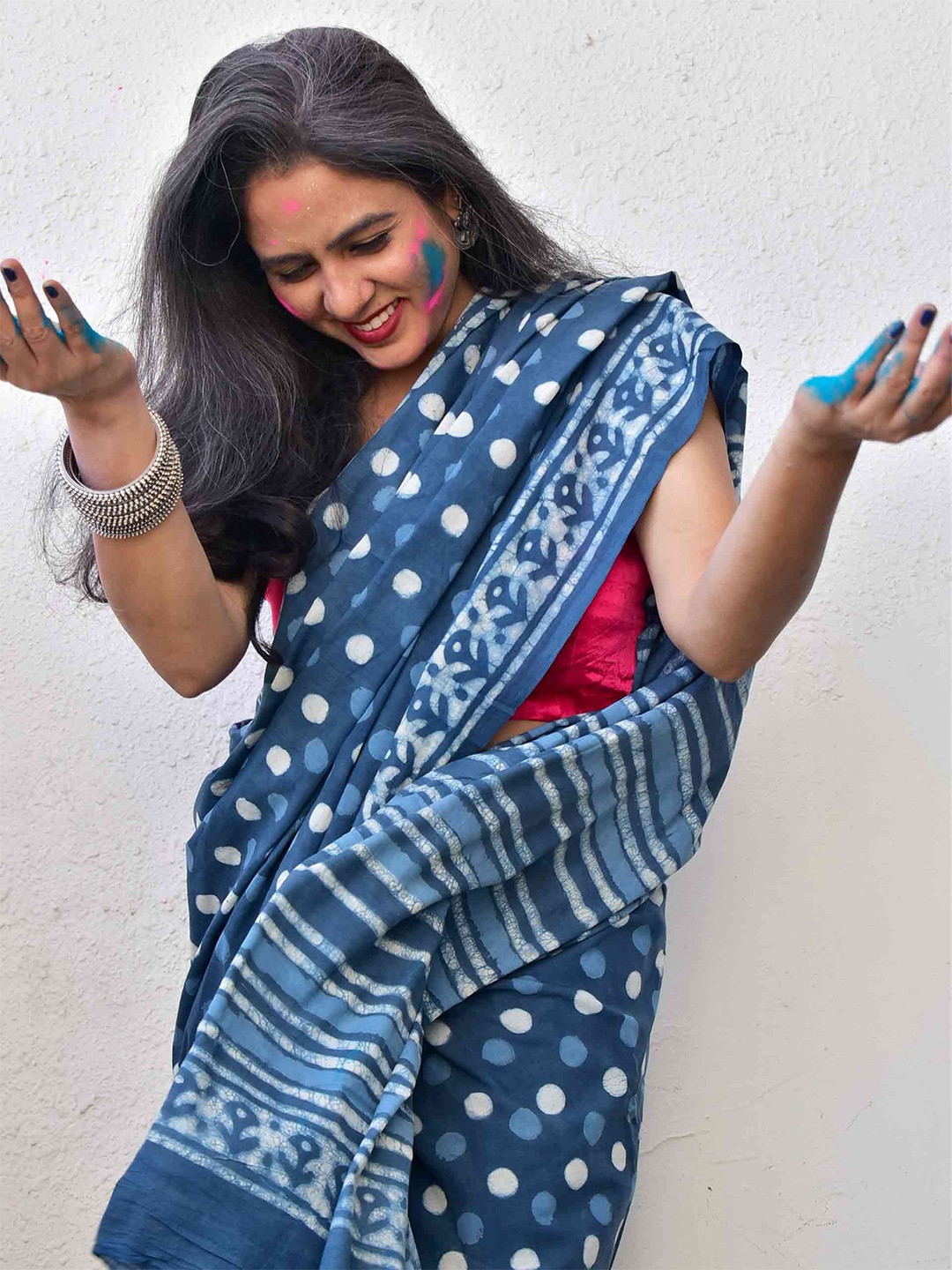 

Sundarii Pure Cotton Dabu Saree, Blue