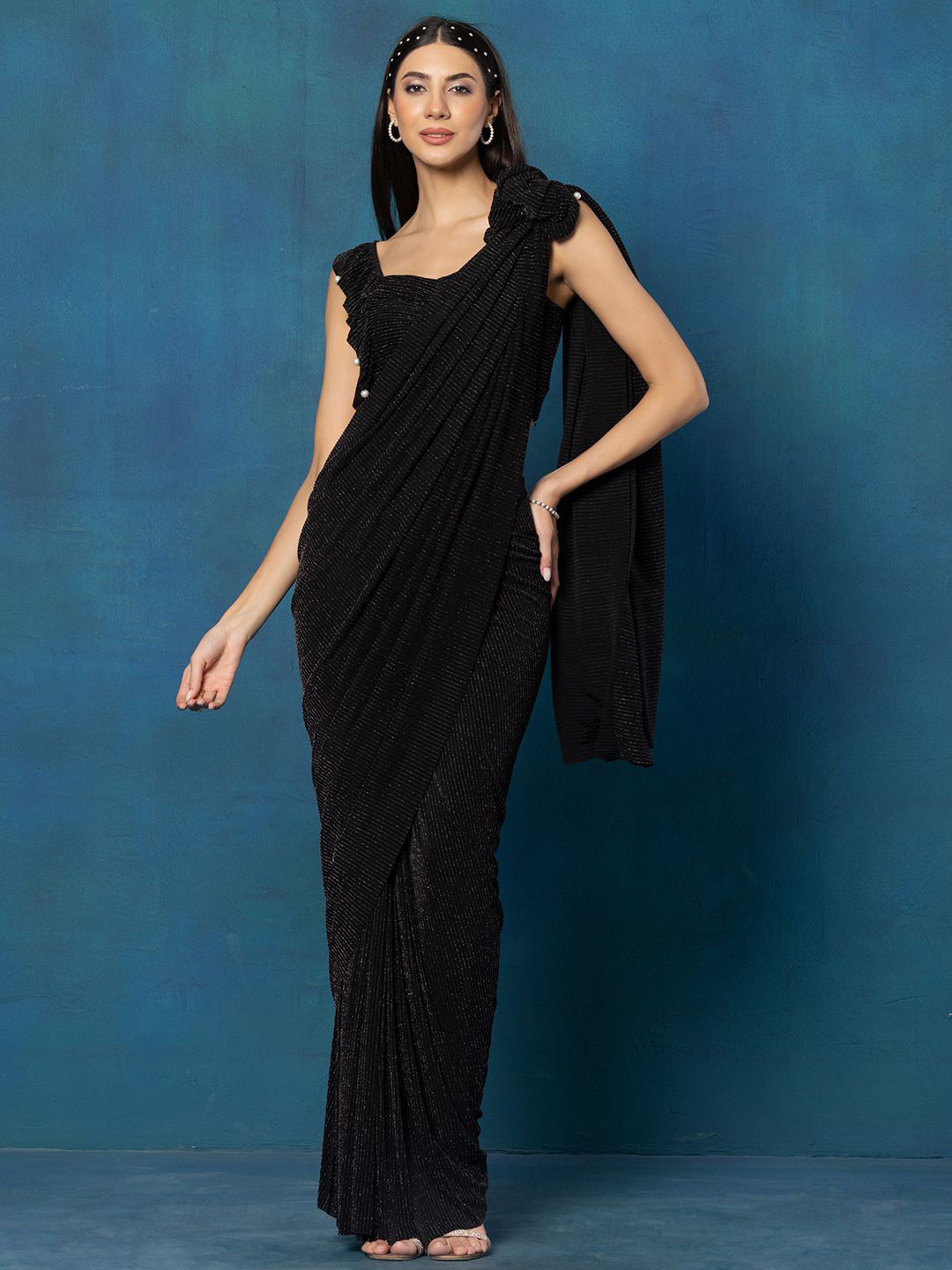 

Rang by Indya Striped Embellished Ready to Wear Saree with Blouse, Black