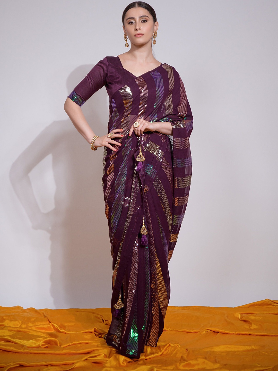 

QVAZOR Embellished Sequinned Pure Georgette Heavy Work Saree, Violet