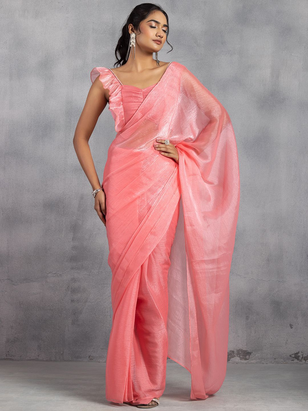 

Rang by Indya Mirror Work Organza Ready to Wear Saree with Blouse, Pink