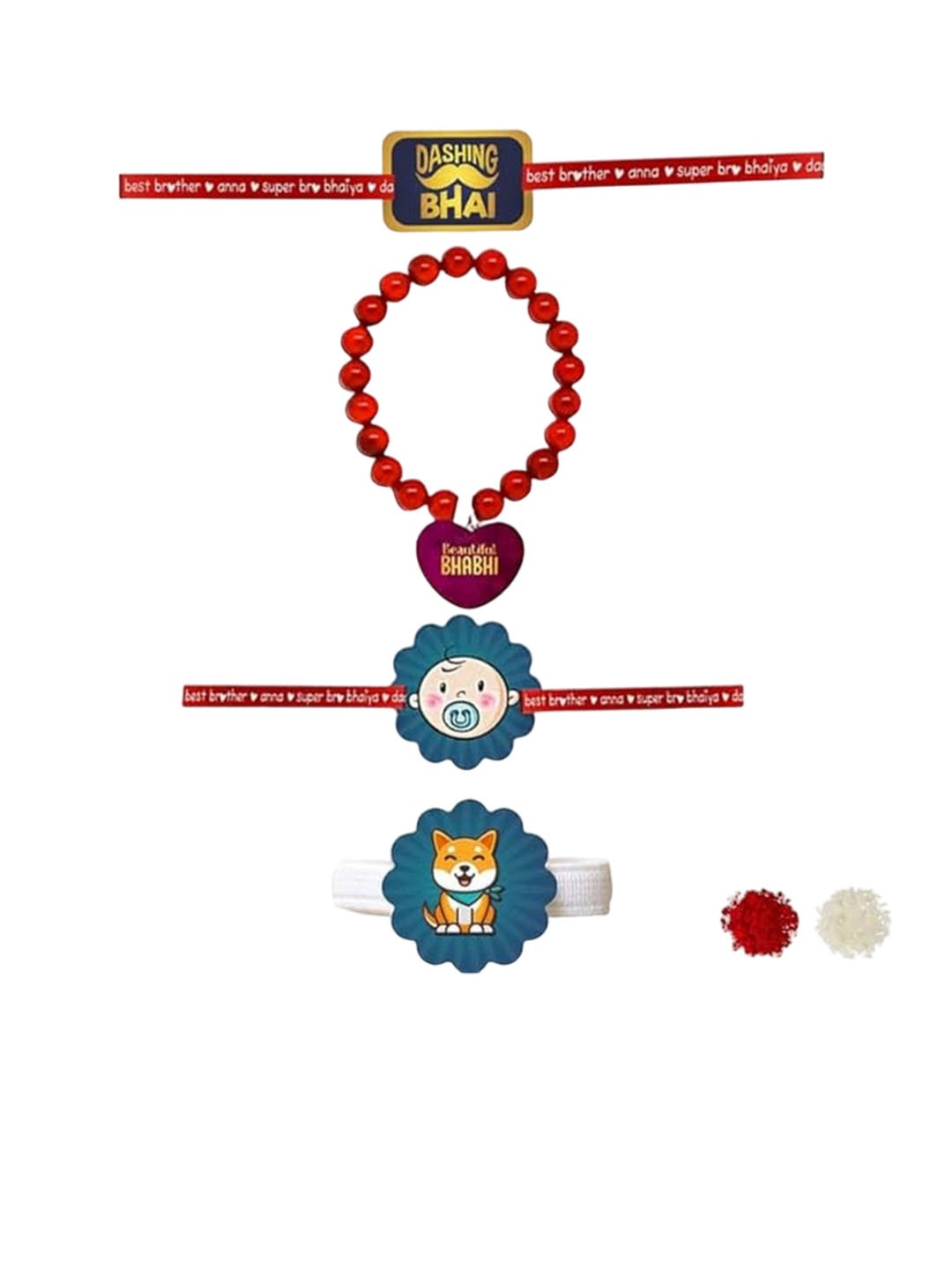 

THEYAYACAFE Set Of 3 Bhaiya Bhabhi Thread Rakhi With Roli & Chawal, Red
