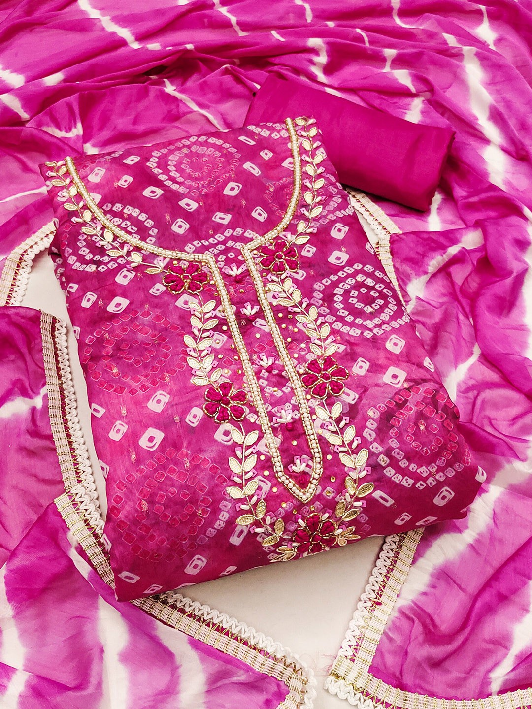 

KALINI Bandhani Digital Printed Beads and Stones Unstitched Dress Material, Pink