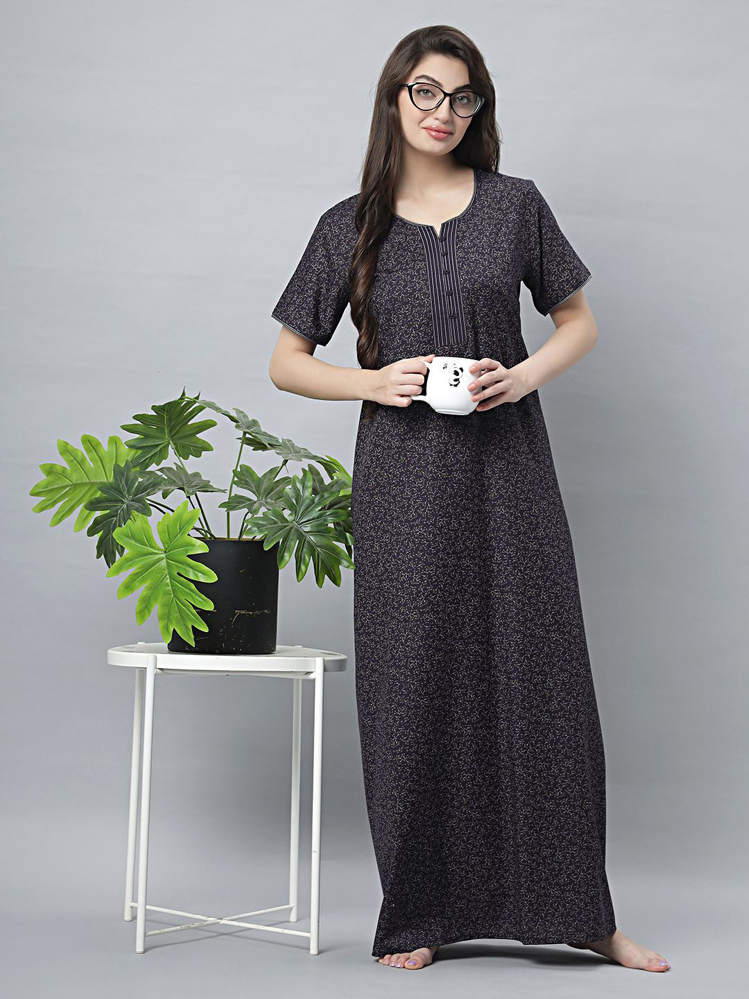 

QUIRA Women's Printed Maxi Nightdress, Navy blue