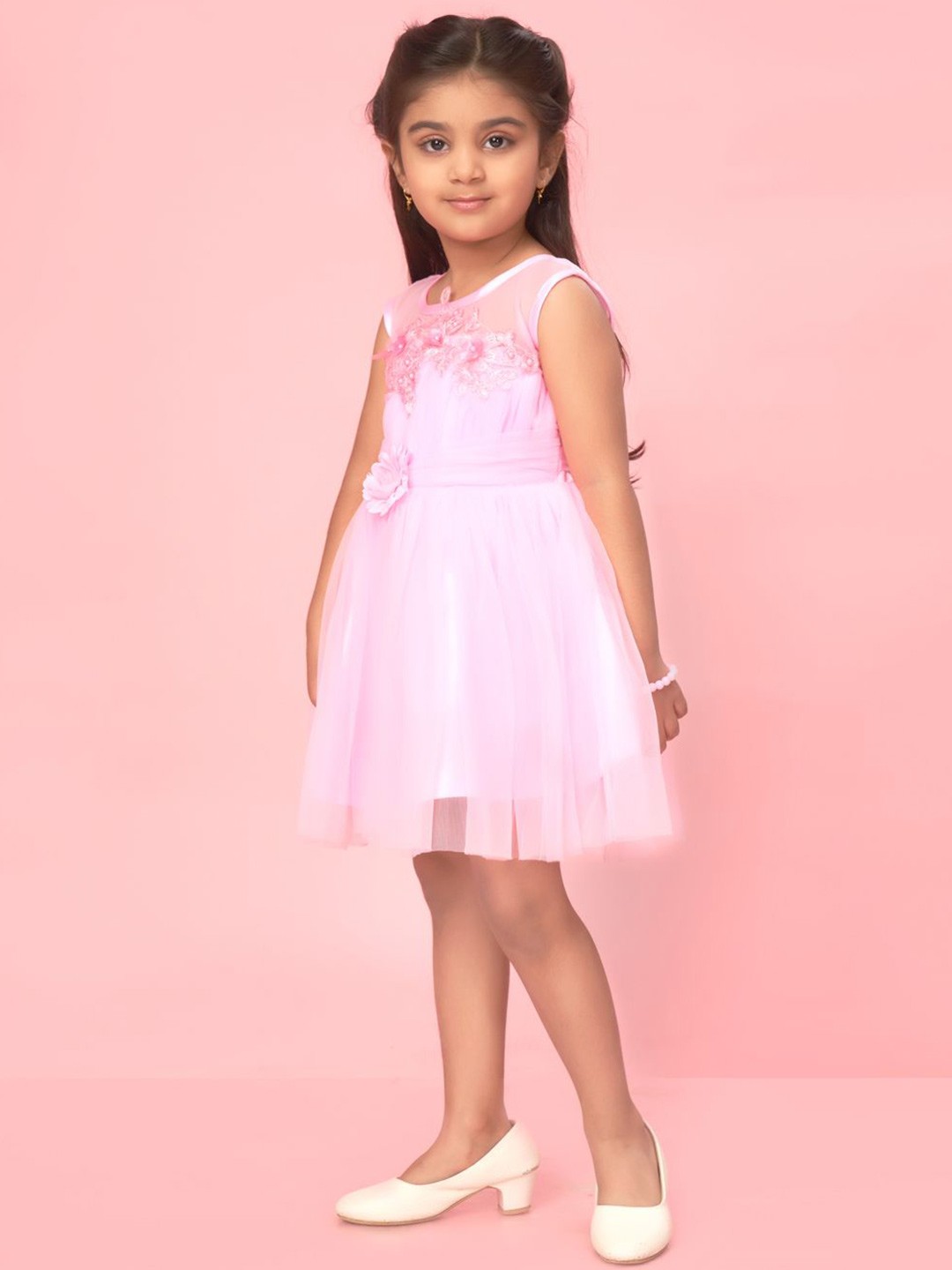 

BAESD Girls Net Self Design Fit & Flare Dress, Pink