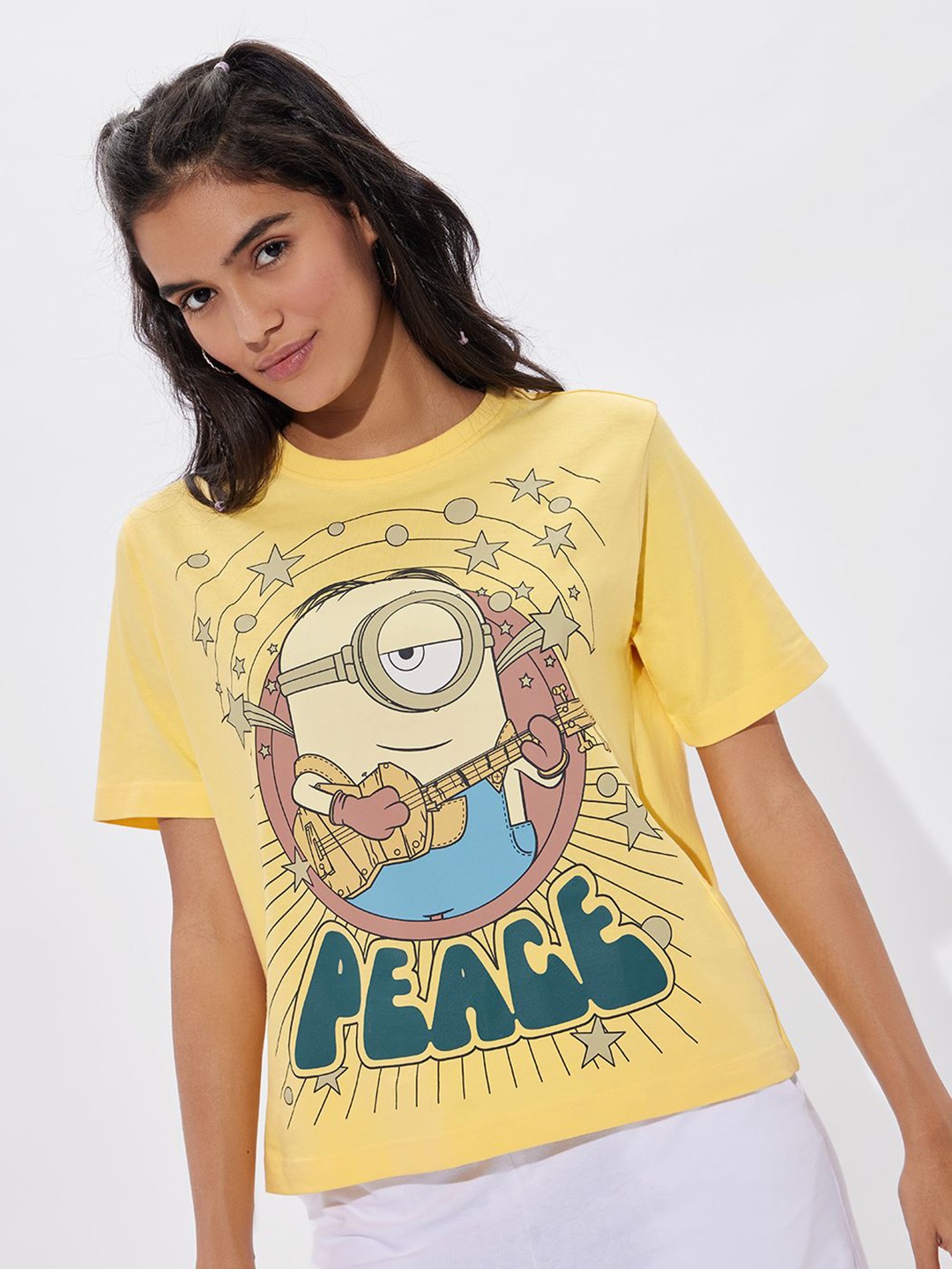 

The Souled Store Women Minions Graphic Printed Cotton Relaxed Fit T-shirt, Yellow