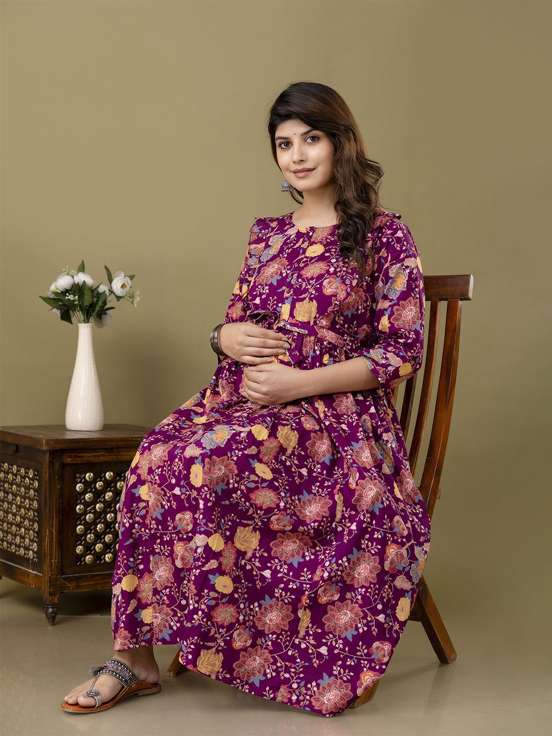 

Nayo Floral Print Maternity Fit & Flare Maxi Dress, Burgundy