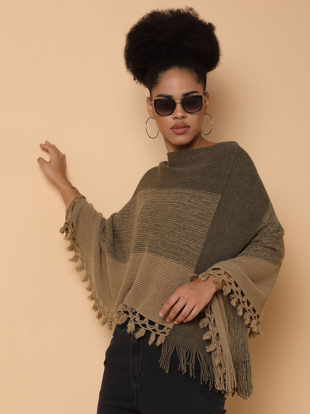 

SHOWOFF Women Striped Longline Poncho with Fringed Detail, Olive