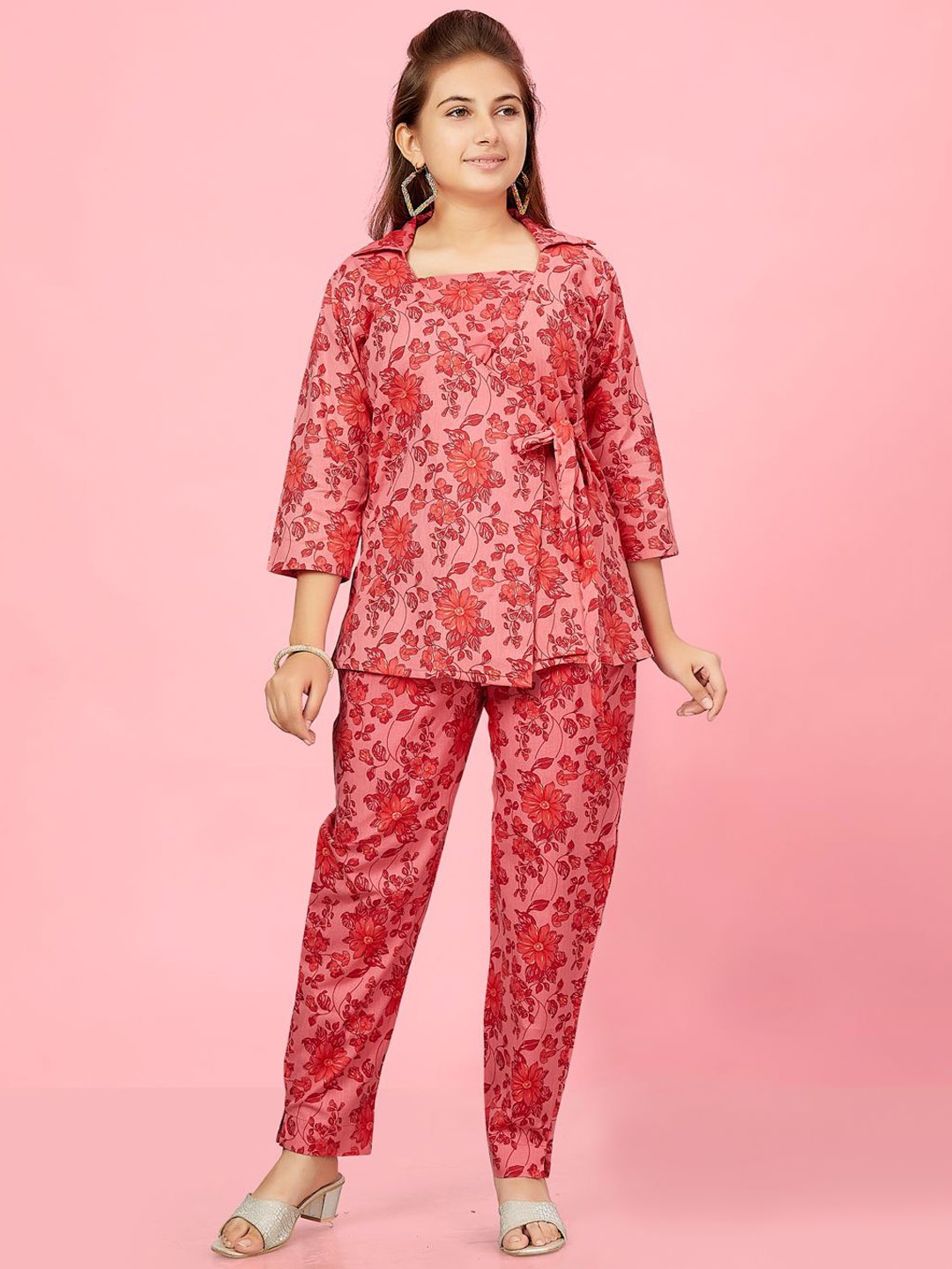 

BAESD Girls Floral Printed Cotton Tunic with Trousers, Red
