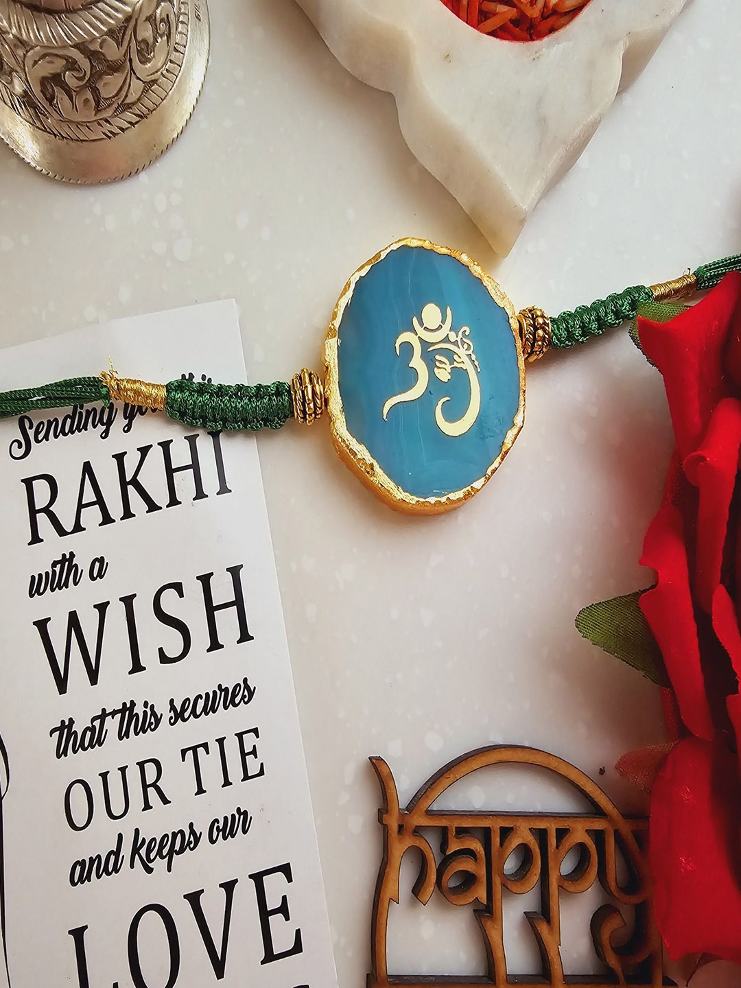 

HOMEARTE Agate Stone Designer Thread Rakhi With Greeting Card & Roli Chawal, Green