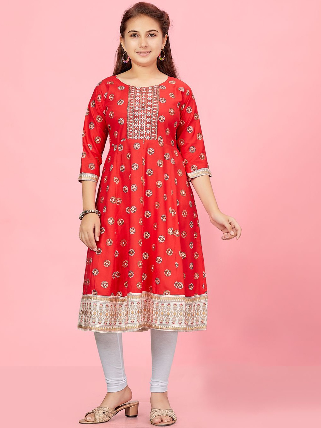

BAESD Girls Floral Printed Thread Work Cotton Panelled A-Line Kurta, Red