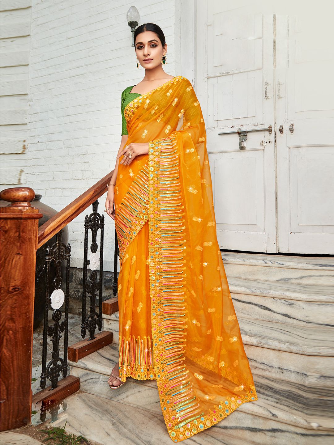 

ALAGINI Ethnic Motifs Embroidered Sequinned Organza Saree, Yellow