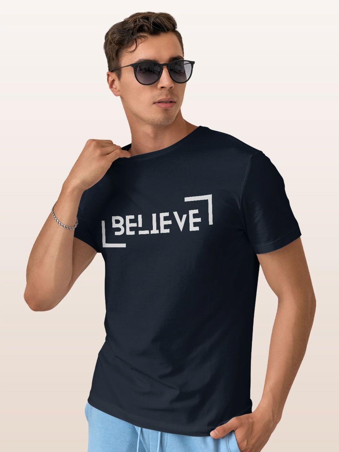 

macmerise Men Typography Printed Applique T-shirt, Blue