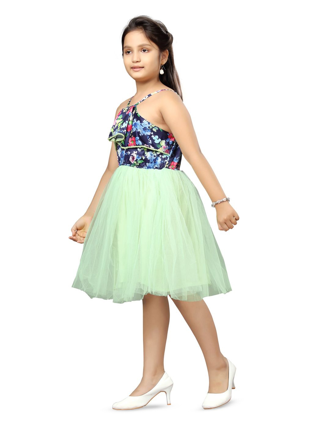 

BAESD Girls Floral Printed Halter Neck Net Fit & Flare Dress, Green