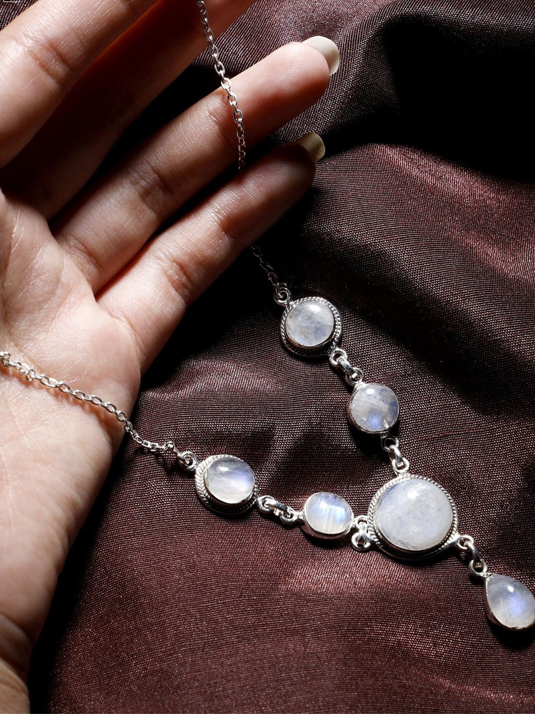 

Exotic India Sterling Silver-Plated Moonstone Studded Necklace