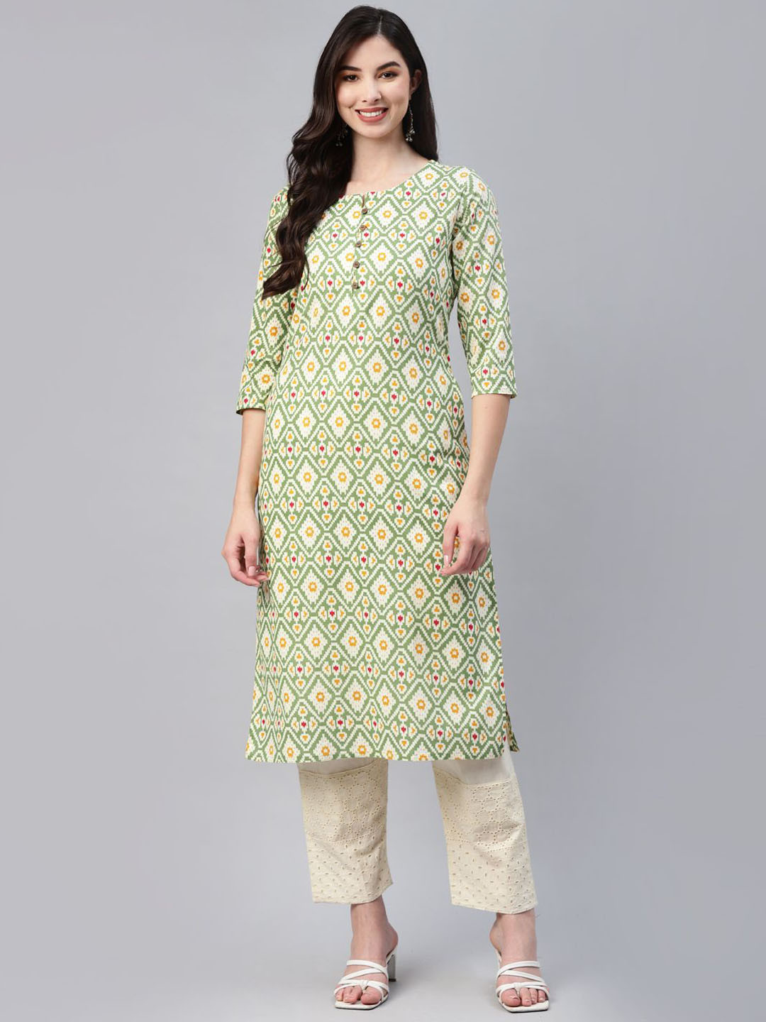 

BAESD Women Geometric Striped Keyhole Neck Thread Work Kurta, Green