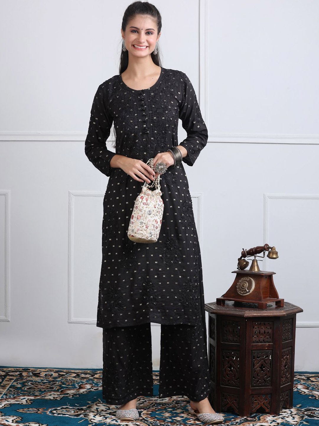 

KHAKA Floral Embroidered Chikankari Chanderi Silk Straight Kurta With Palazzos, Black