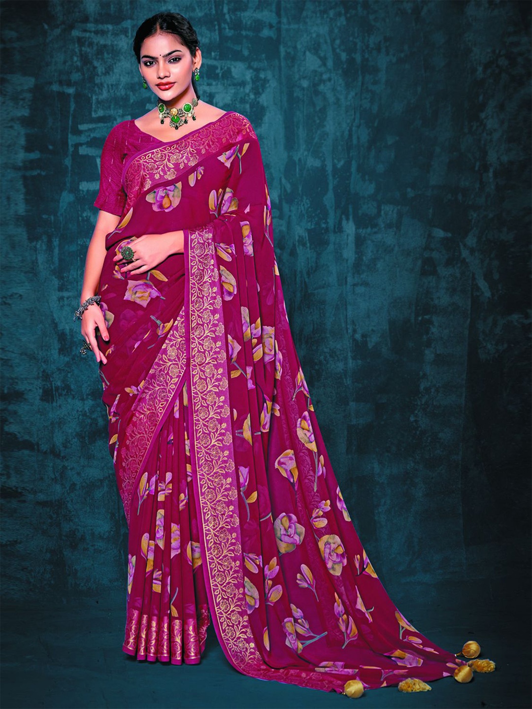 

Panzora Floral Printed Zari Saree, Pink