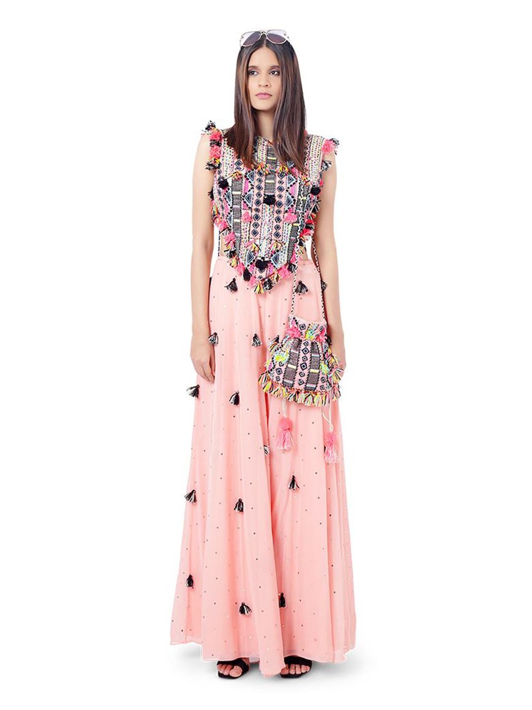 

Payal Singhal Embroidered Sleeveless Top & Flared Saharara Co-Ords, Coral