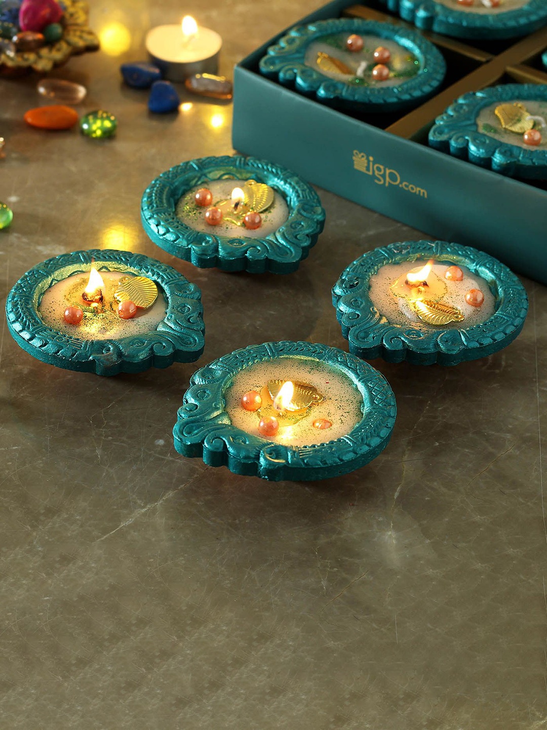 

IGP 4 Pcs Clay Diya with Pearls, Green