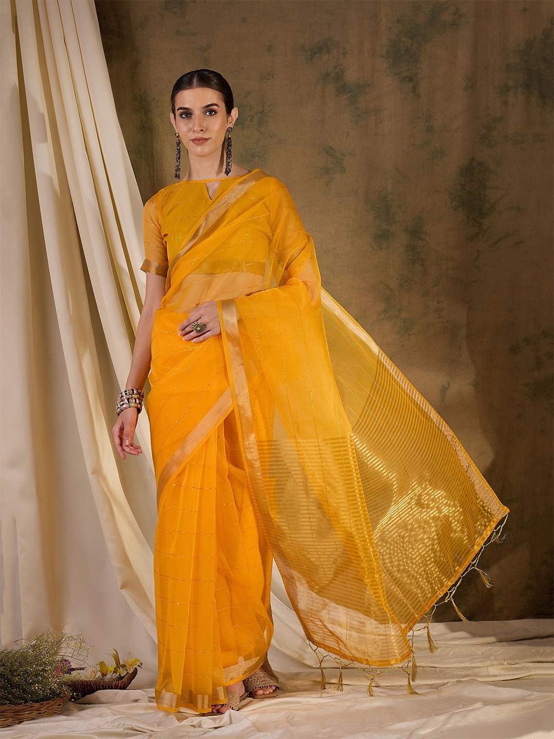 

VIRICA Striped Sequinned Organza Saree, Yellow