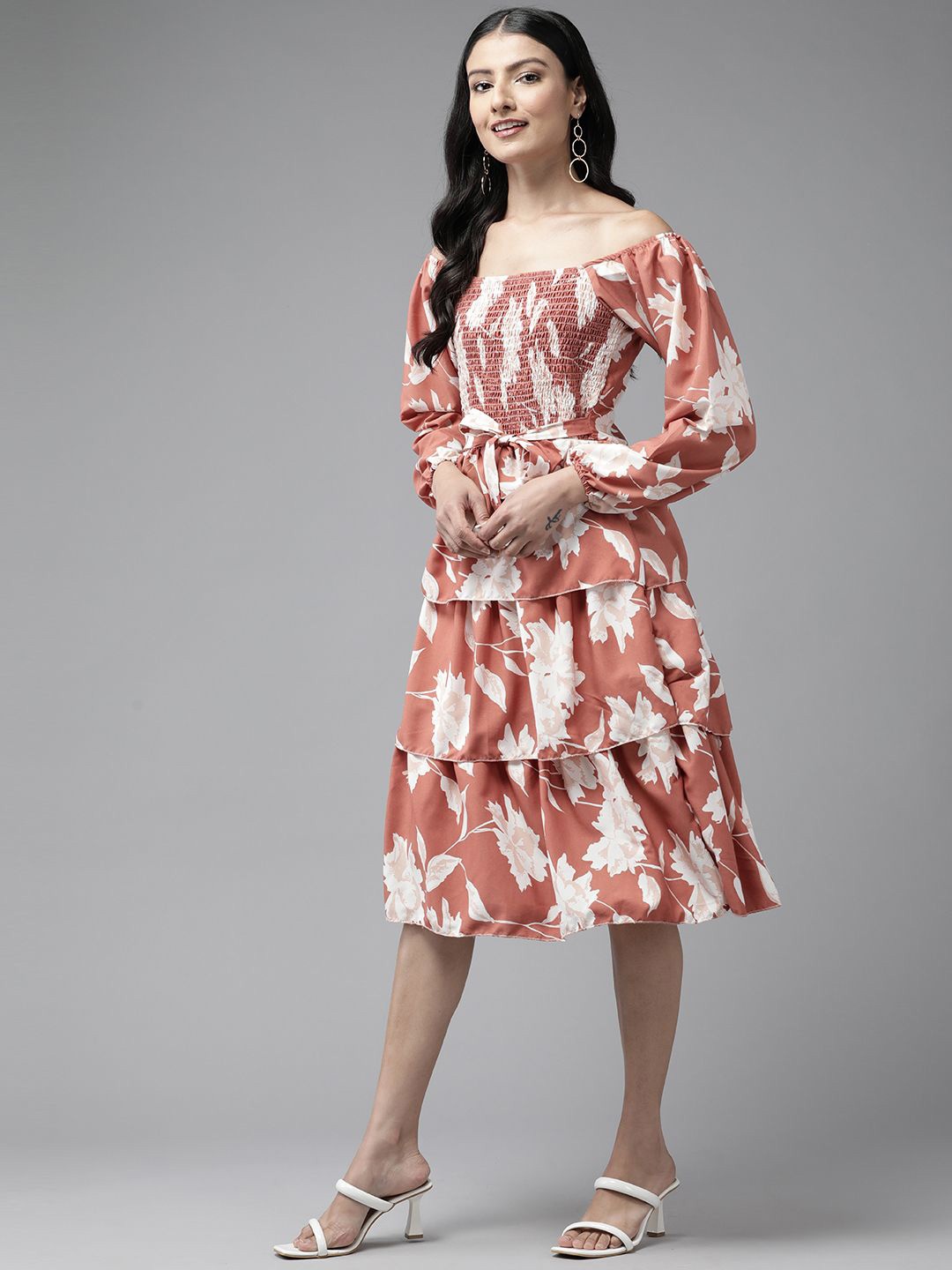 

BAESD Floral Printed Off-Shoulder Puff Sleeve Georgette Smocked Layered Fit & Flare Dress, Brown