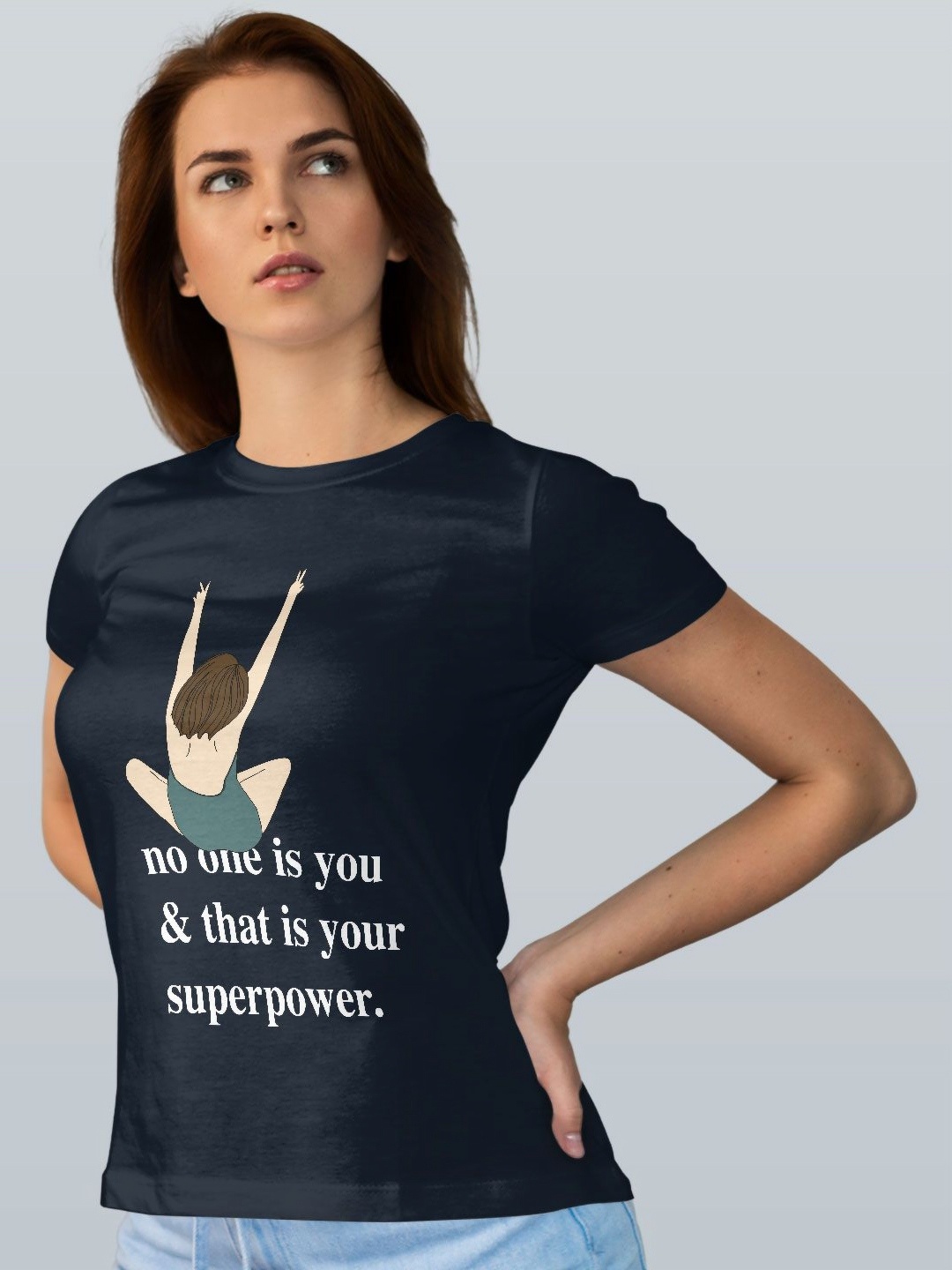 

macmerise Women Typography Printed Pockets T-shirt, Navy blue