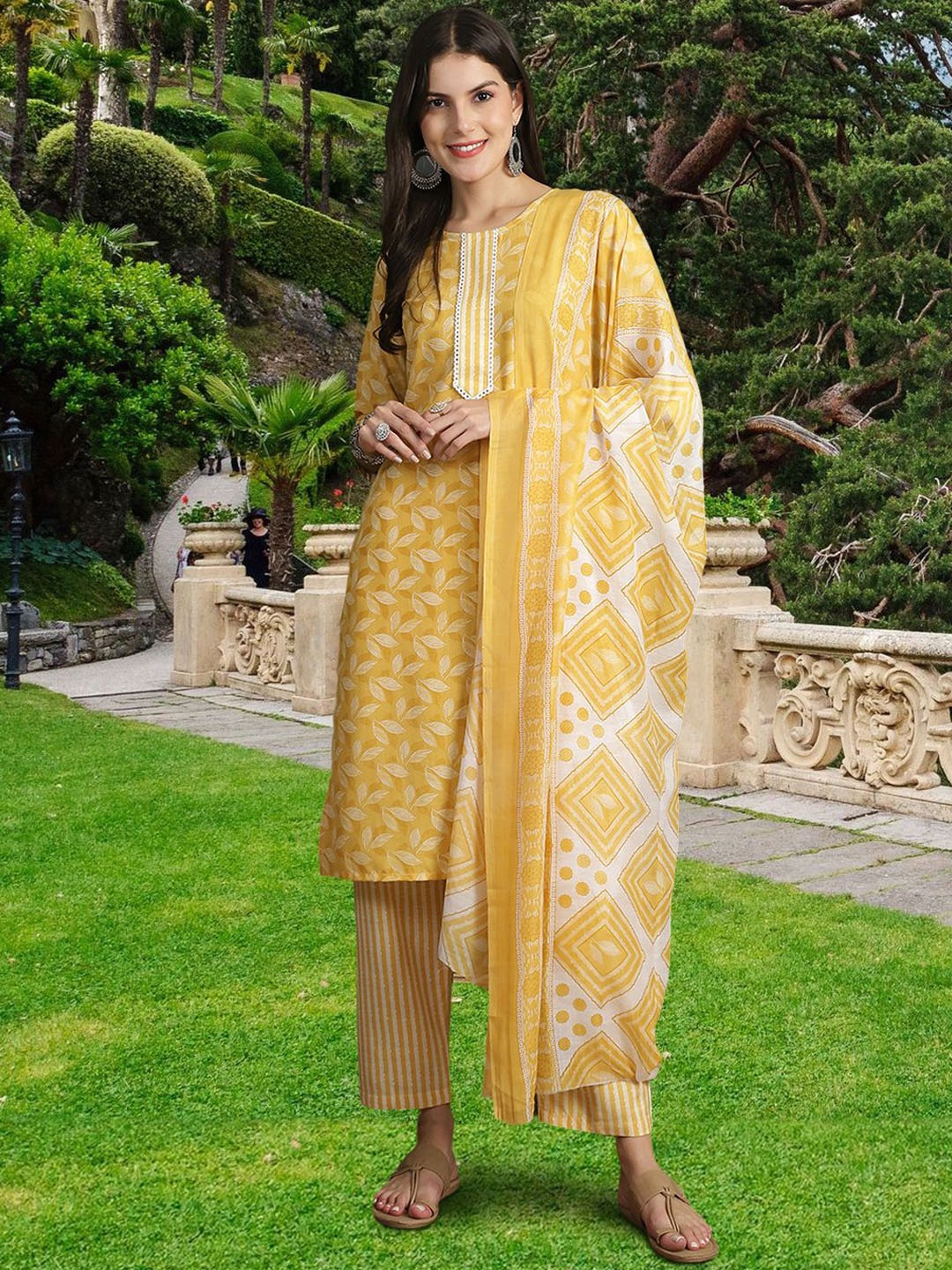 

1 Stop Fashion Floral Printed Pure Cotton Straight Kurta with Trousers & Dupatta, Yellow
