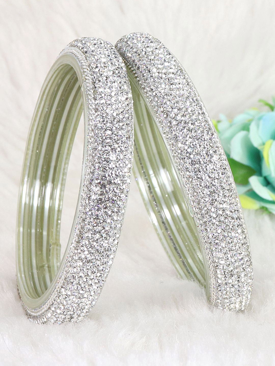

NMII Set Of 2 Glass Cubic Zirconia Studded Bangles, Silver