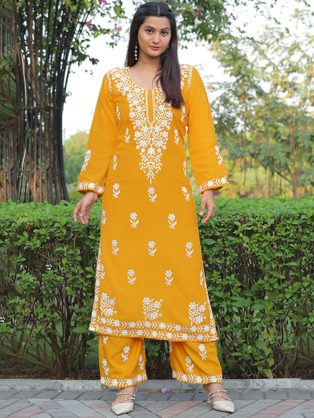 

Lilots Floral Embroidered Chikankari Straight Kurta with Palazzos, Mustard