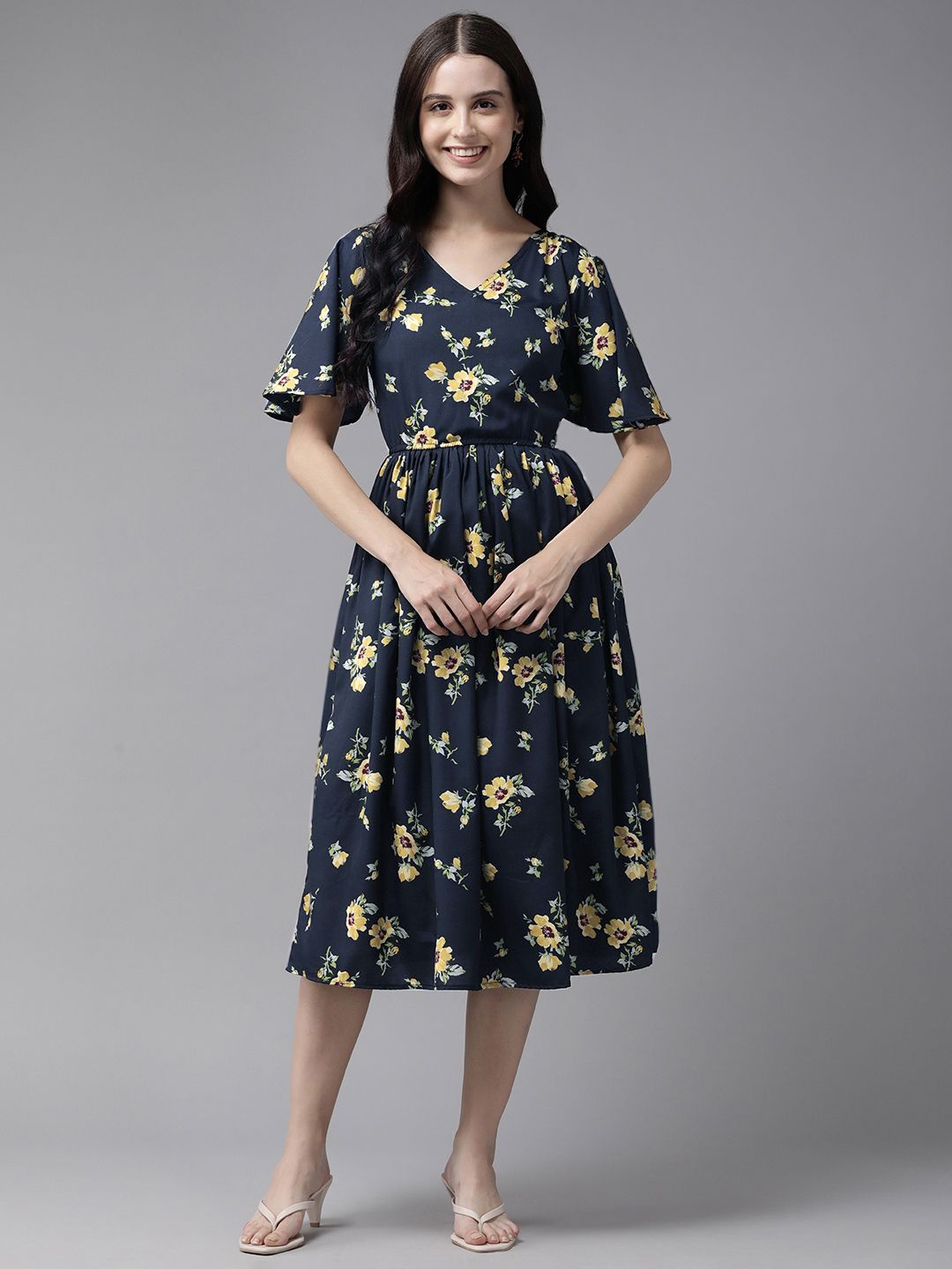 

BAESD Floral Printed Cape Sleeve Net Fit and Flare Midi Dress, Navy blue