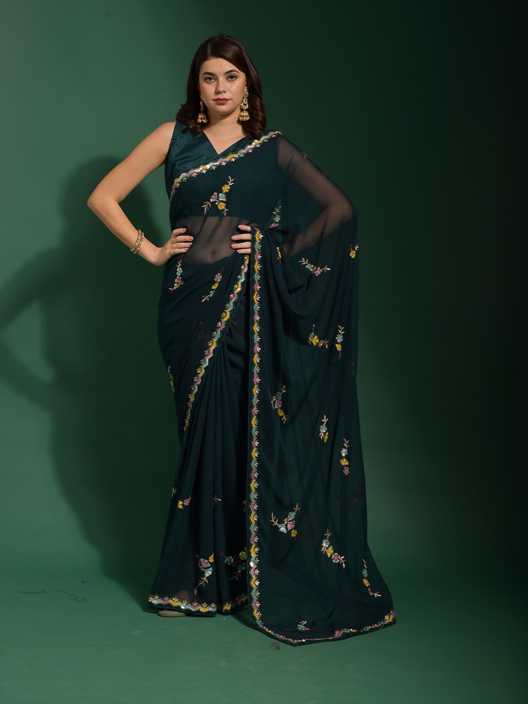 

QVAZOR Floral Embroidered Pure Georgette Saree, Teal