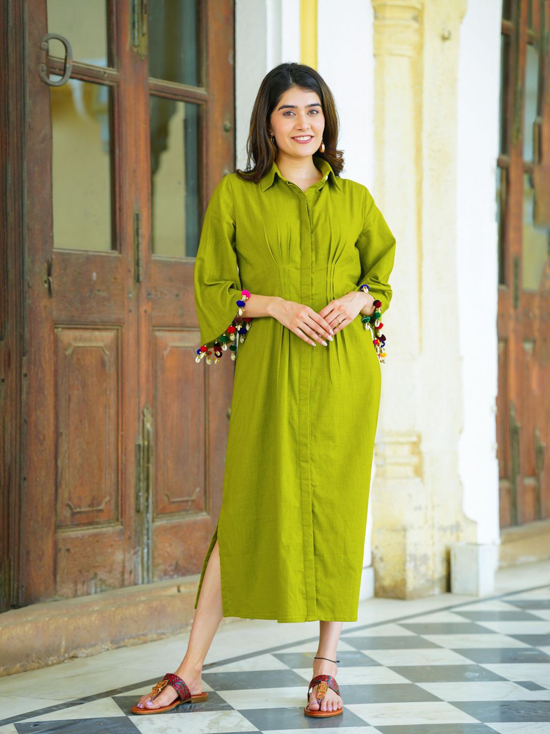 

Ambraee with Pom-Pom Detail Shirt Bell Sleeves Midi Dress, Green