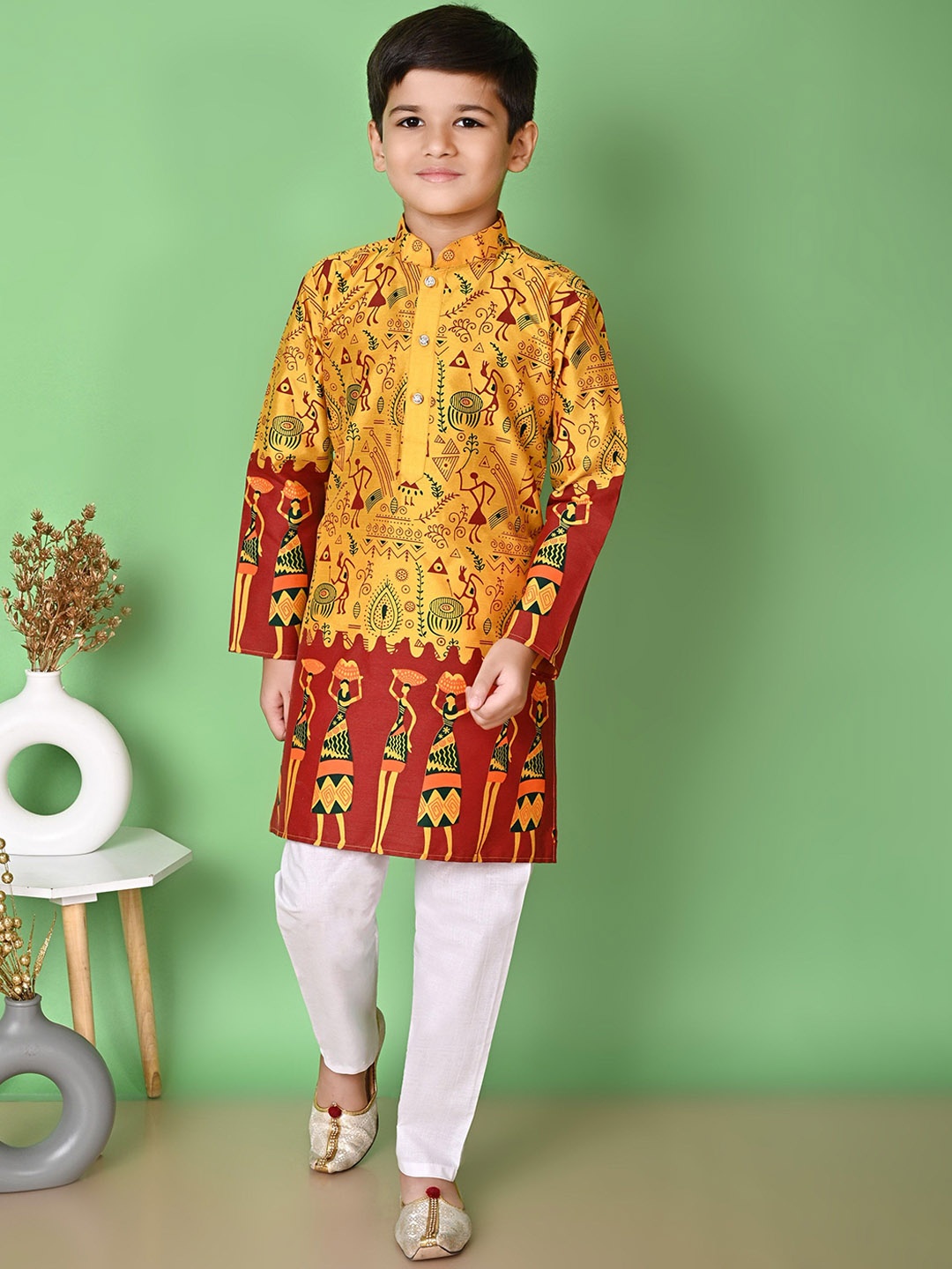 

BAESD Boys Ethnic Motifs Printed Mandarin Collar Dupion Silk Kurta with Pyjamas, Yellow