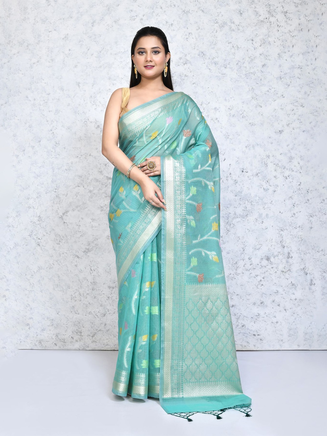 

SPRISH Pure Silk Ethnic Motifs Zari Festive Saree, Sea green