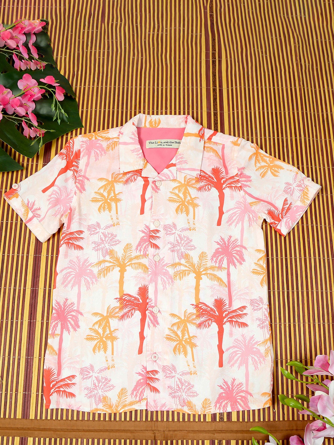 

The Lion and The Fish Boys Comfort Cuban Collar Tropical Printed Relaxed Fit Casual Shirt, Pink