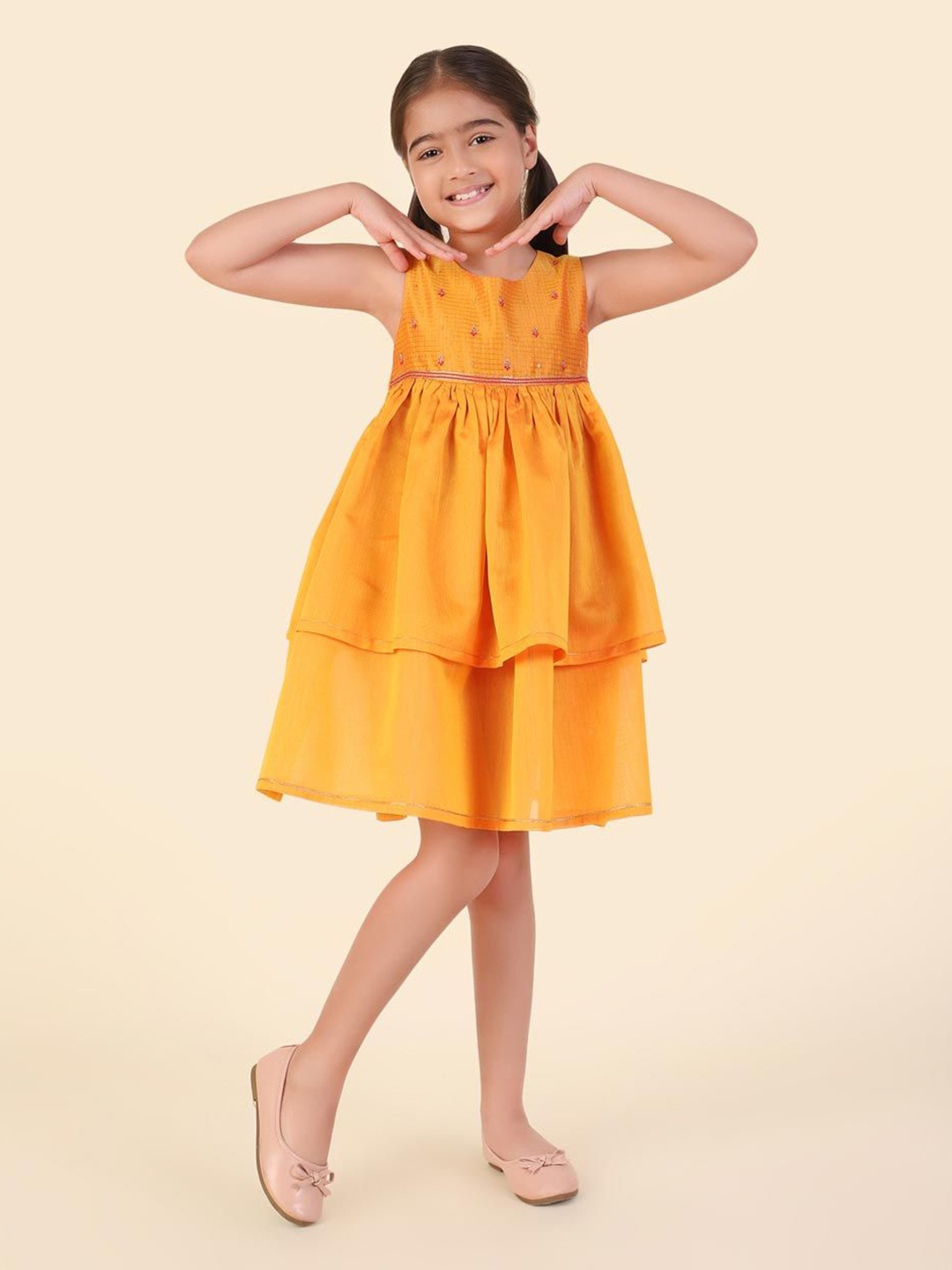 

Fabindia Girls Zari Embroidered Layered Empire Dress, Yellow
