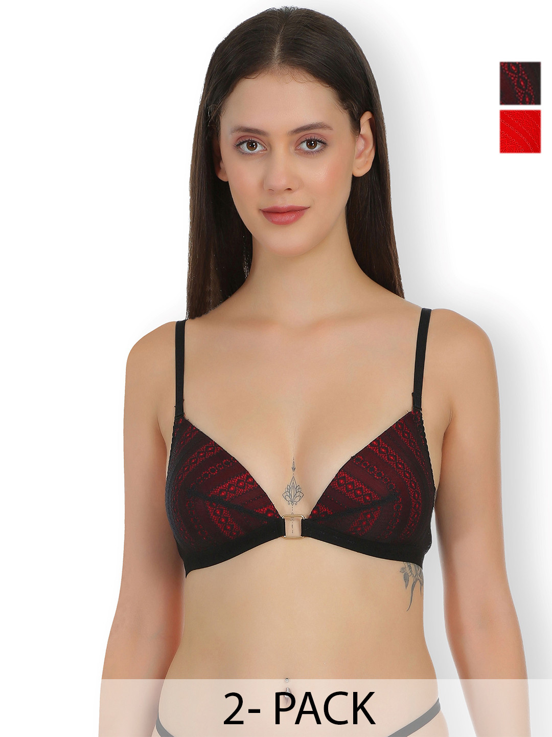 

SELFCARE Pack of 2 Net Embroided Half Coverage Lightly Padded Plunge Bra, Red