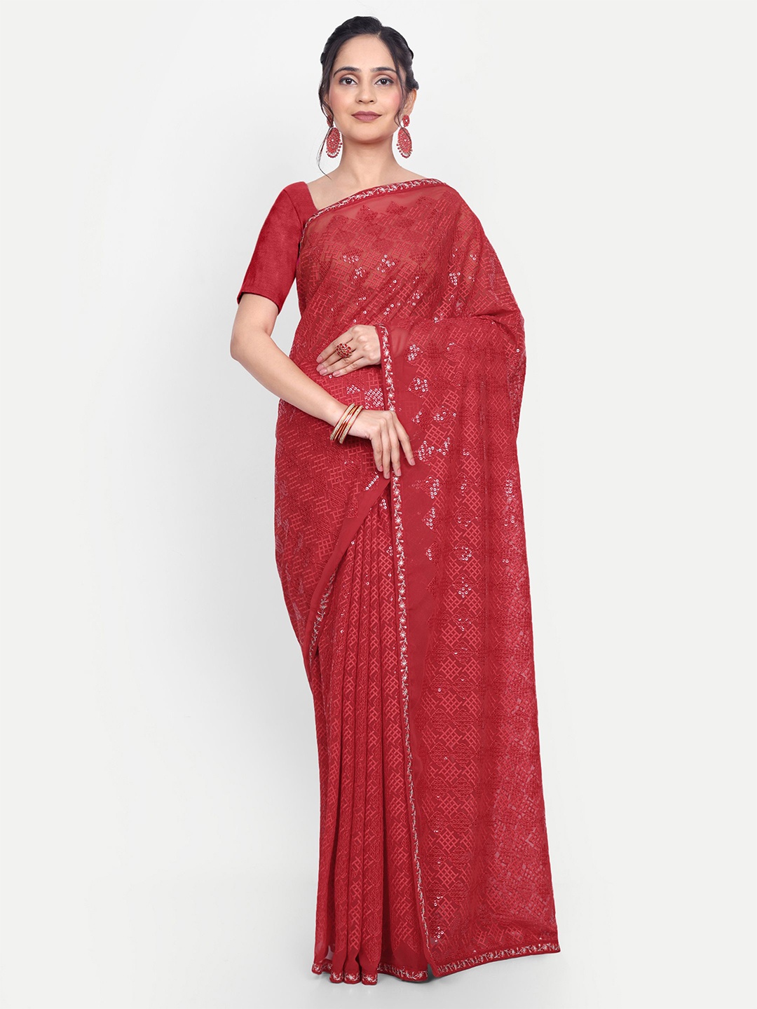 

LTS Label Tripti Saxena Chikankari Pure Georgette Saree, Red