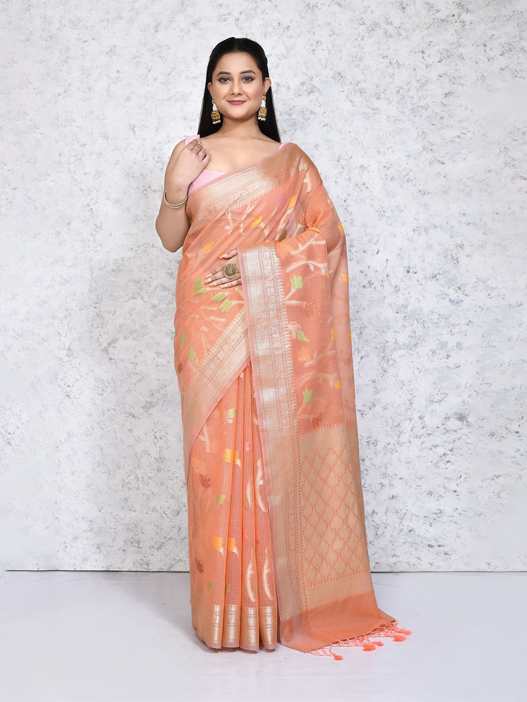

SPRISH Ethnic Motifs Zari Woven Pure Silk Saree, Peach