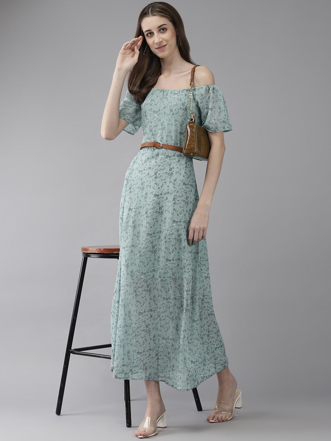 

BAESD Floral Printed Off-Shoulder Georgette A-Line Midi Dress With Belt, Green