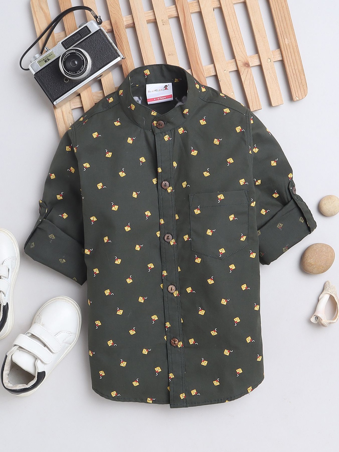 

BAATCHEET Boys Mandarin Collar Conversational Printed Cotton Casual Shirt, Green