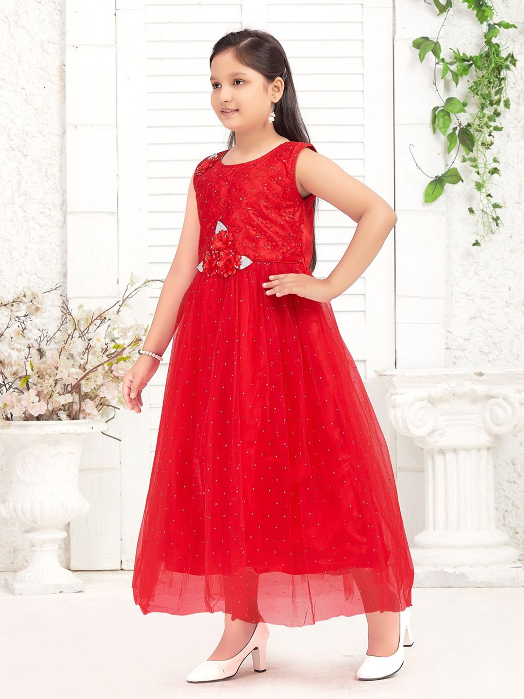 

BAESD Girls Embellished Sleeveless Net Gown Maxi Dress, Red