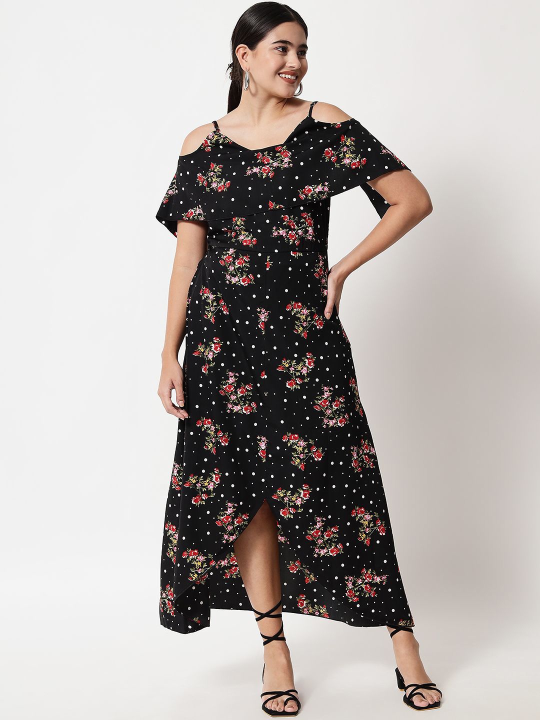 

Yaadleen Floral Printed Cold-Shoulder A-Line Midi Dress, Black